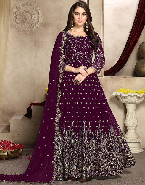Traditional Function Wear Heavy Fox Georgette Suit Purple Heavy Fox Georgette Pant Anarkali Front View
